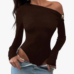 Women’s Off-Shoulder Long Sleeve Bodysuit - Dark Brown